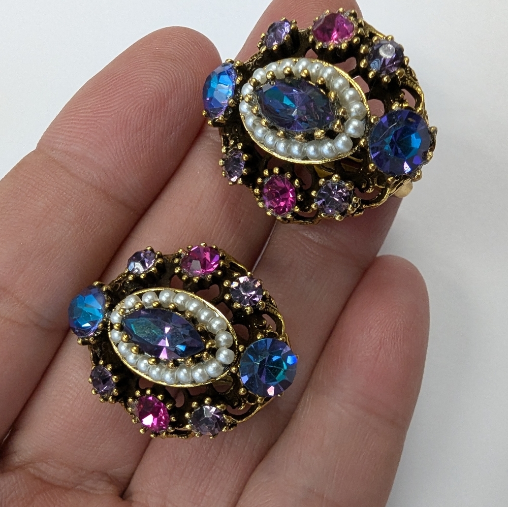 EVC SIGNED WEISS GOLD TONE CRYSTAL RHINESTONES & FX PEARLS HINGE BRACELET & EARR - Picture 9 of 14